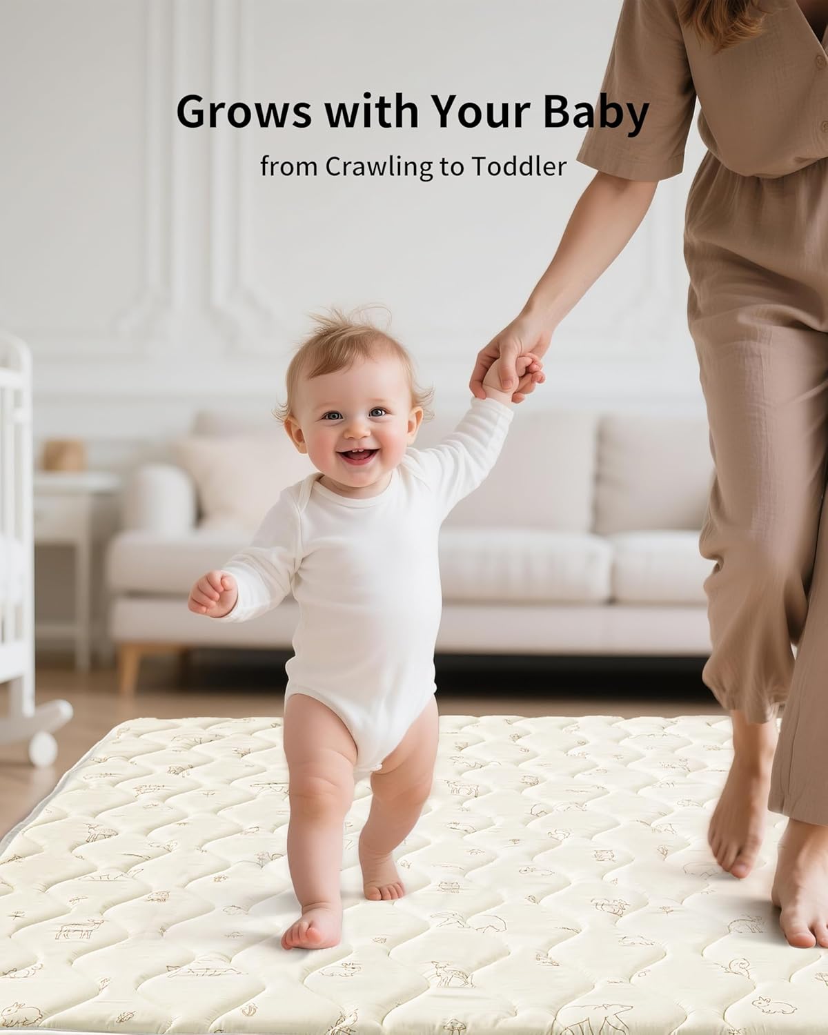 Fortella Extra Thick Baby Play Mat for 50" Playpen, 47"x47" Snug Fit Playpen Mat, Machine Washable Foam Play Mat for Floor - Portable, Non-Slip Tummy Time & Crawling Mat for Babies Toddlers (Forest Beige) - Image 6