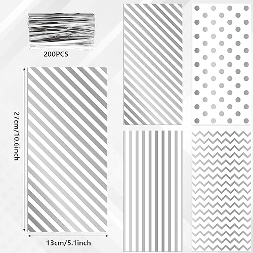 Miniatura 2 de Whaline 160 bolsas de celofán plateado con lazos torcidos, diseño de rayas onduladas, bolsas de plástico para golosinas, bolsas de dulces para