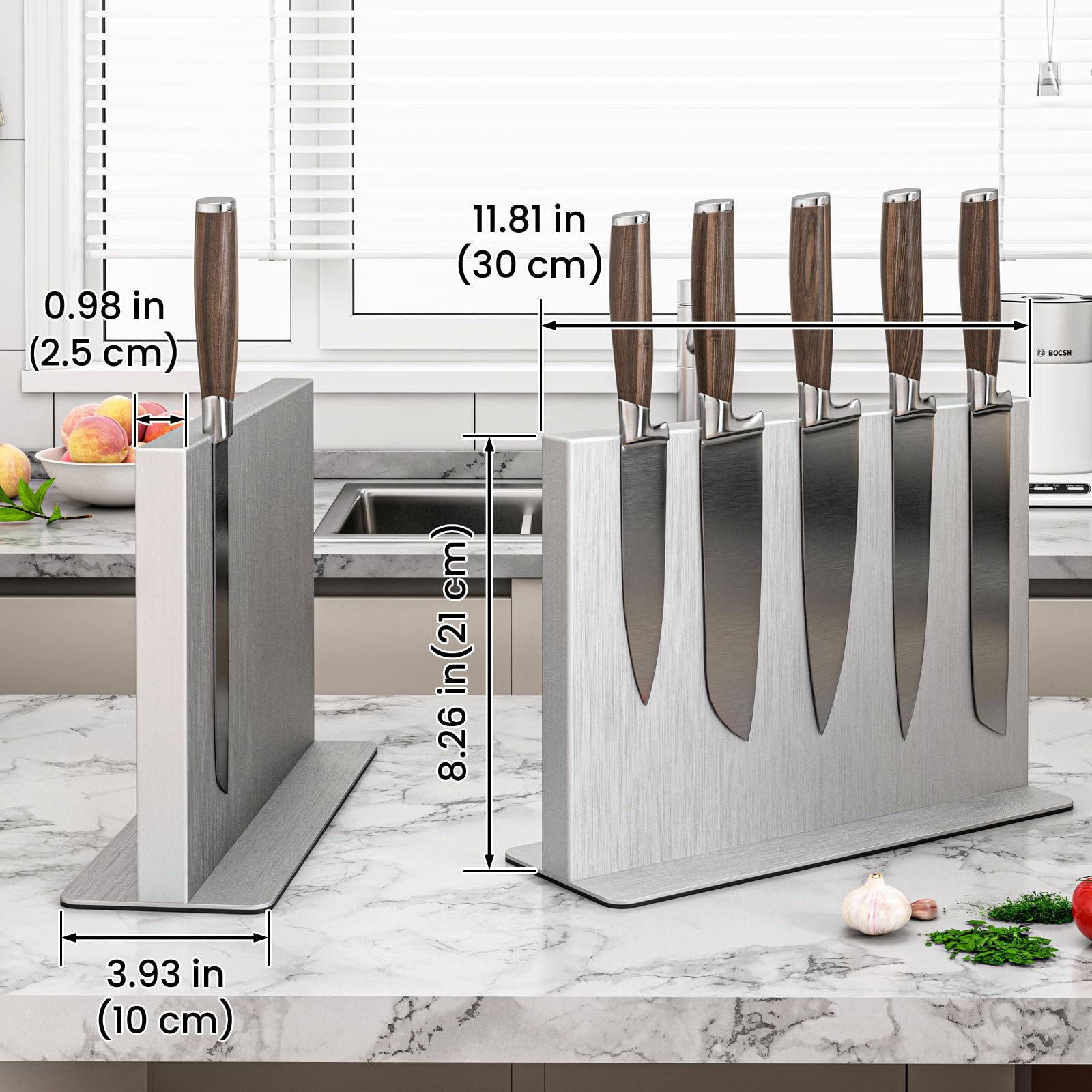 THMINS Bloc magnétique à couteaux en acier inoxydable, support magnétique double face, présentoir multifonctionnel universel pour plan de travail de cuisine