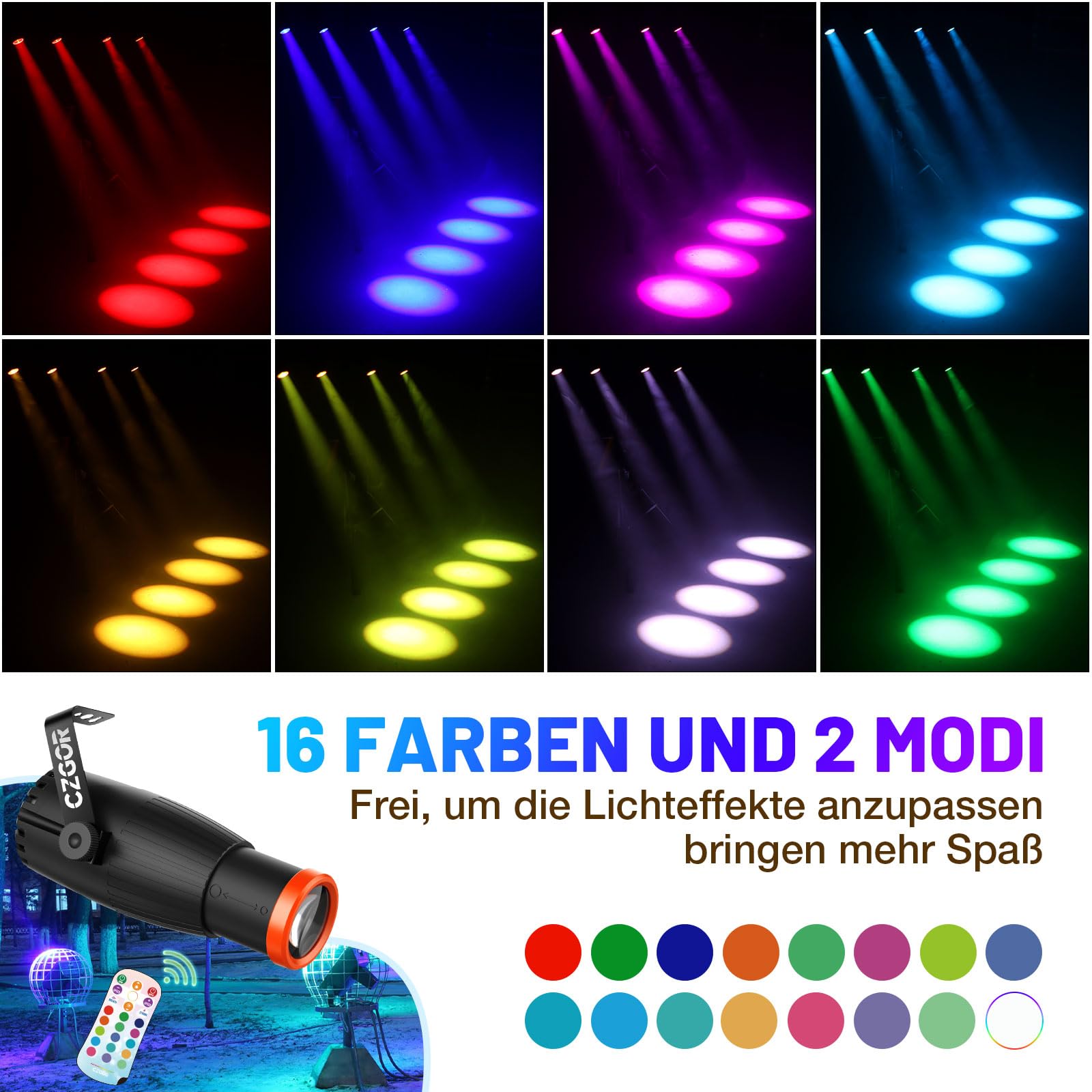Pinspot LED Luce, Czgor 18W RGBW 4 in 1 Luci Spot con telecomando, Fuoco Manuale Palla Disco Spotlight, Super Luminoso con Colonna Guida Luce, Palcoscenico Illuminazione per Disco Party, 2 Pack