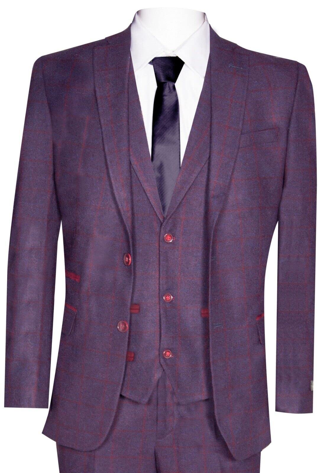 Truclothing Men's Plum 3 Piece Tweed Suit Purple Check Peaky Classic 1920 Gatsby