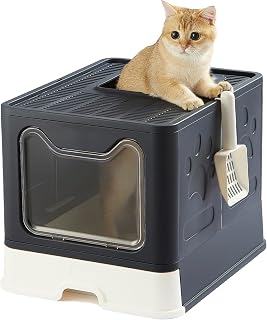 Gefryco Large Covered Cat Litter Box with Sifting Lid, High-Sided Top Entry Litter Box with Scoop, Hooded Enclosed Cat Box with Easy-Clean Drawer, Large Space for Kittens and Cats （Black）