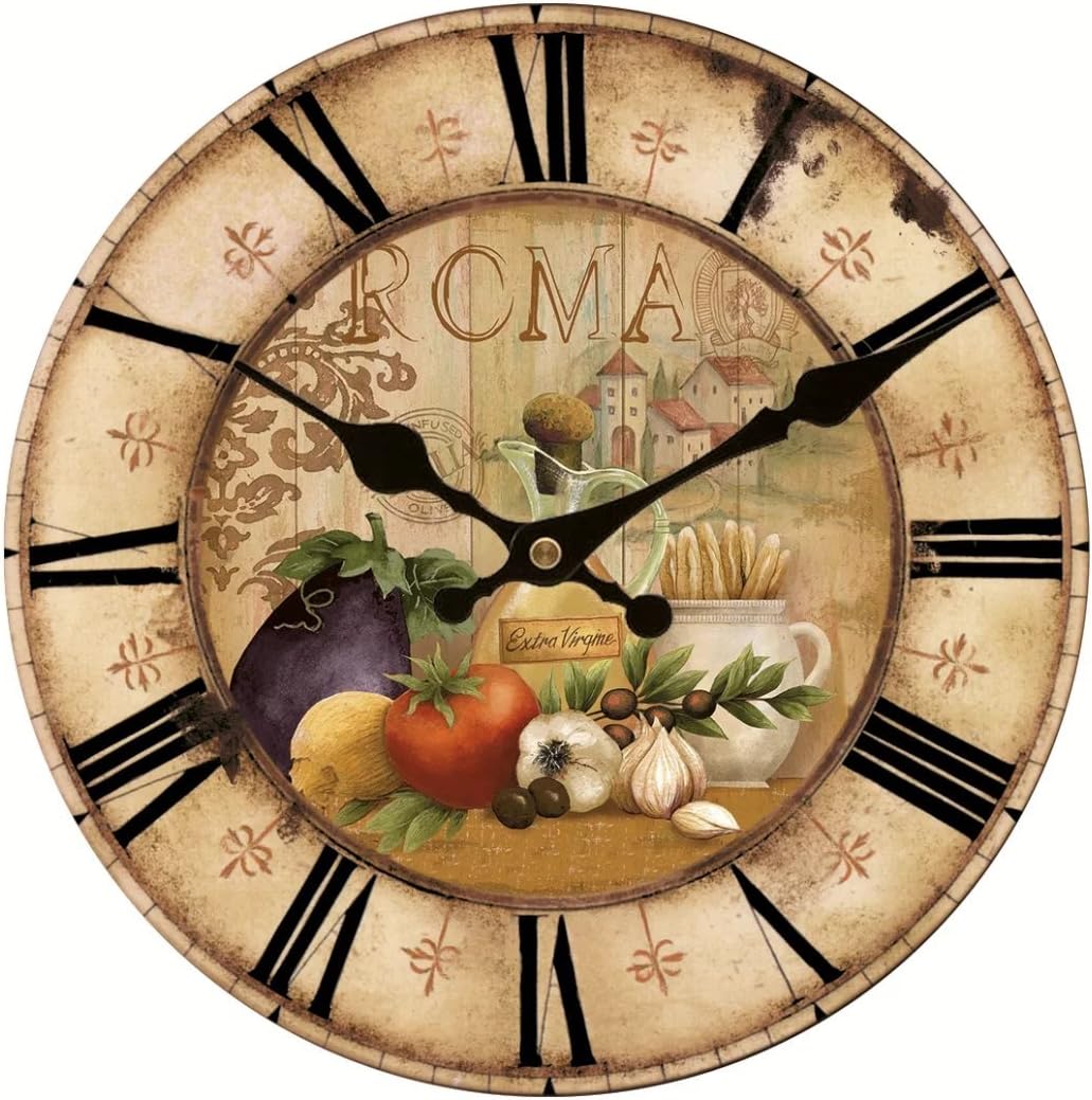 Upuptop 14inch Vintage French Country Farm Style Vegetables Kitchen Round Wood Wall Clock