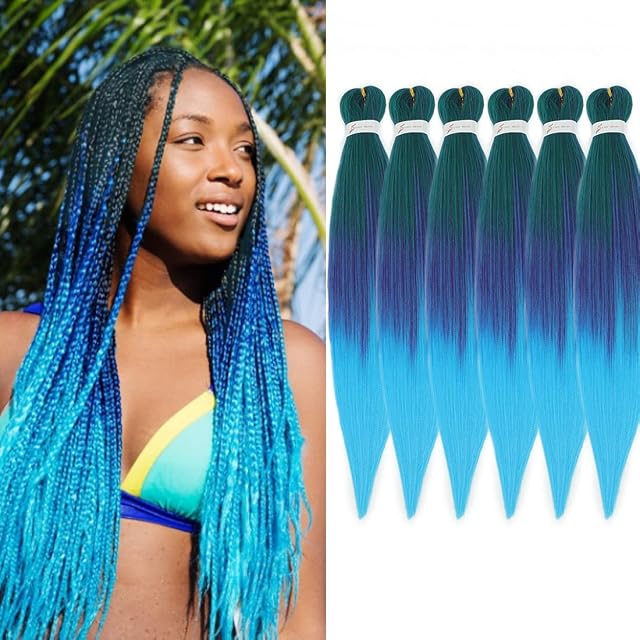 Pre-Stretched Braiding Hair Easy Braid Professional Itch- Synthetic Fibre Crochet Braids Yaki Texture Hair Extensions 6 Packs Braid Hair (30 Inch(Pack of 6), Green/purple/Lblue)