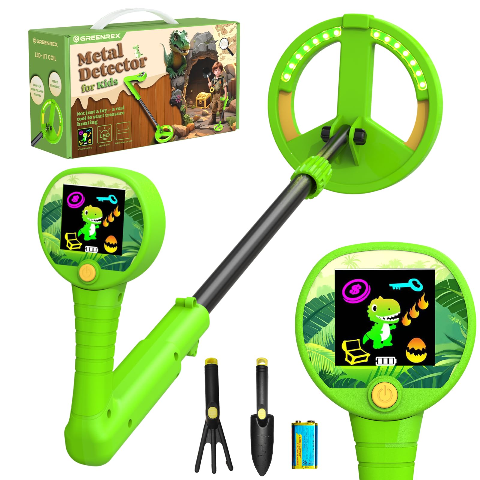 GreenRex Metalldetektor Kinder, Für Kinder von 3–12 Jahren, 6CM HD LCD Display, Ton & Lichtsignale, 59–82CM höhenverstellbar, 10CM Präzision, 470g leicht, lehrreiches Outdoor-Set,Grün
