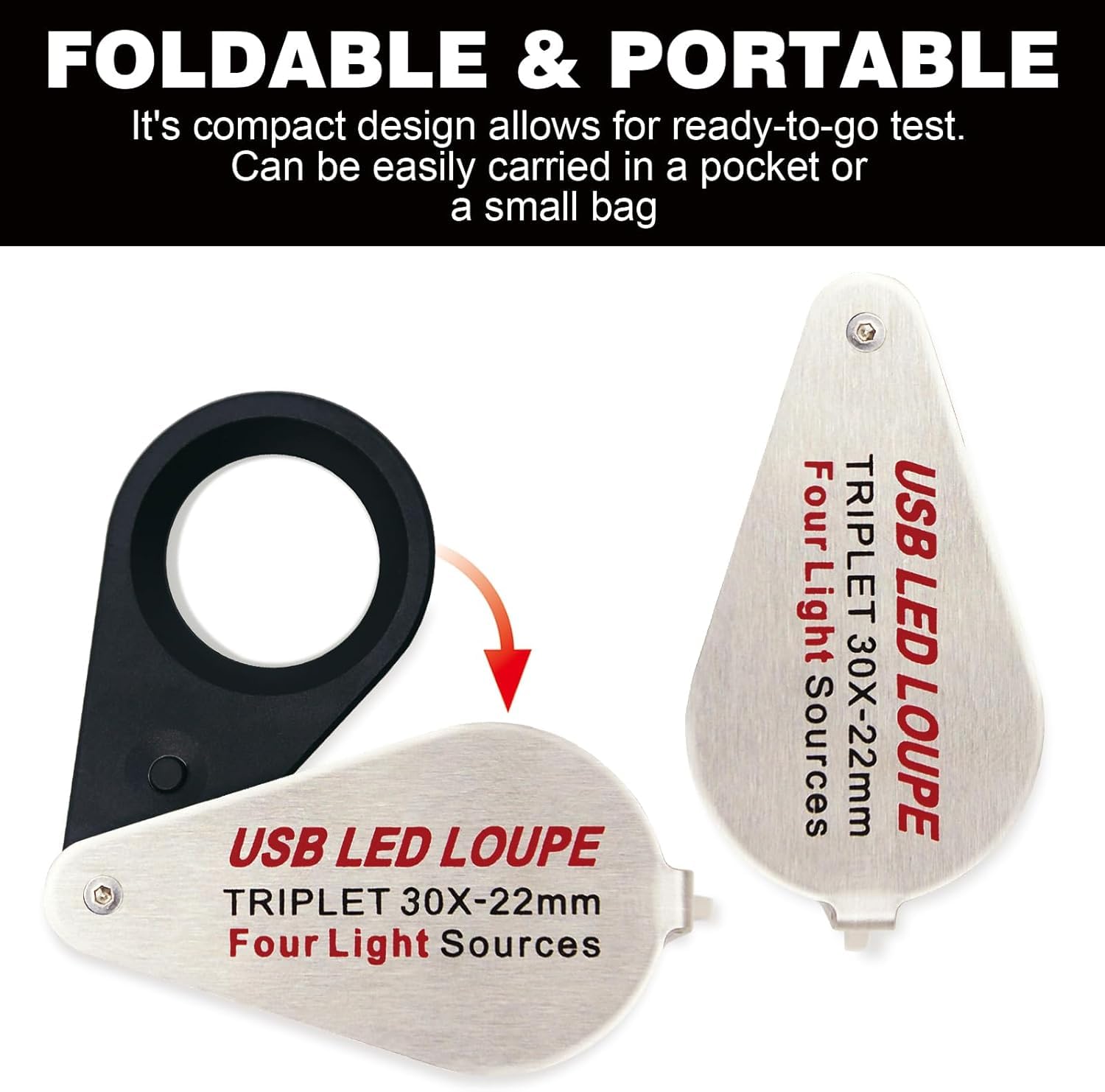 Lupa de 30X Jewelers recargable por USB con luces UV y LED, cuatro tipos de luz, lupa plegable de bolsillo iluminada para joyas de piedras preciosas, monedas, sellos, relojes