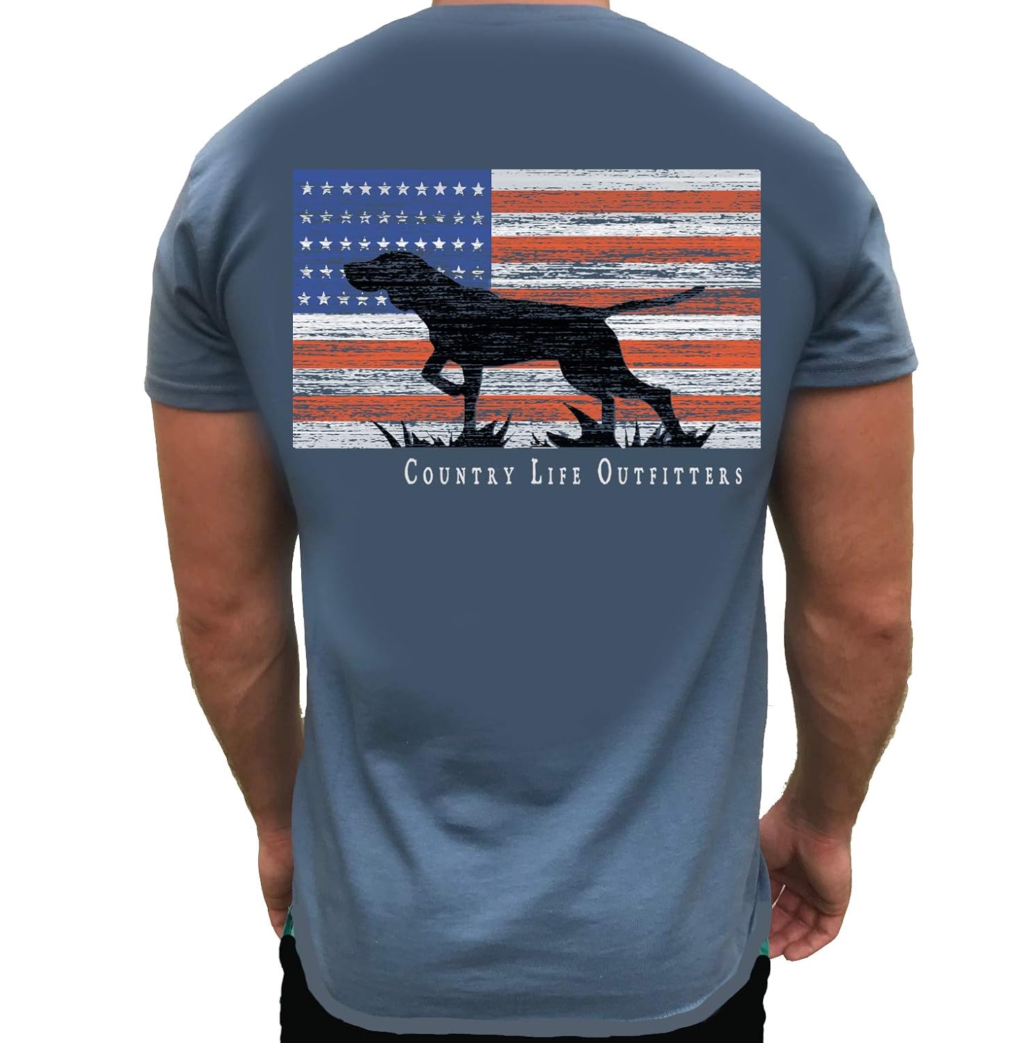 Country Life Outfitters Pointer Dog Americaan Flag Indigo Blue Mens Short Sleeve T-Shirt