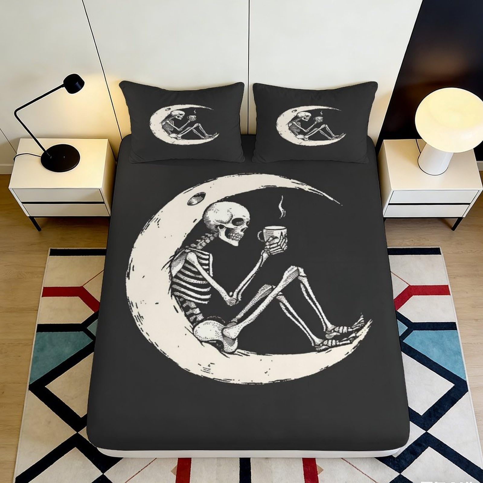3D Printed Skeleton Moon Fitted Sheet Microfiber Black Gothic Bed Cover for Bedroom Dorm Mattress Protection Decor 200x200x25cm