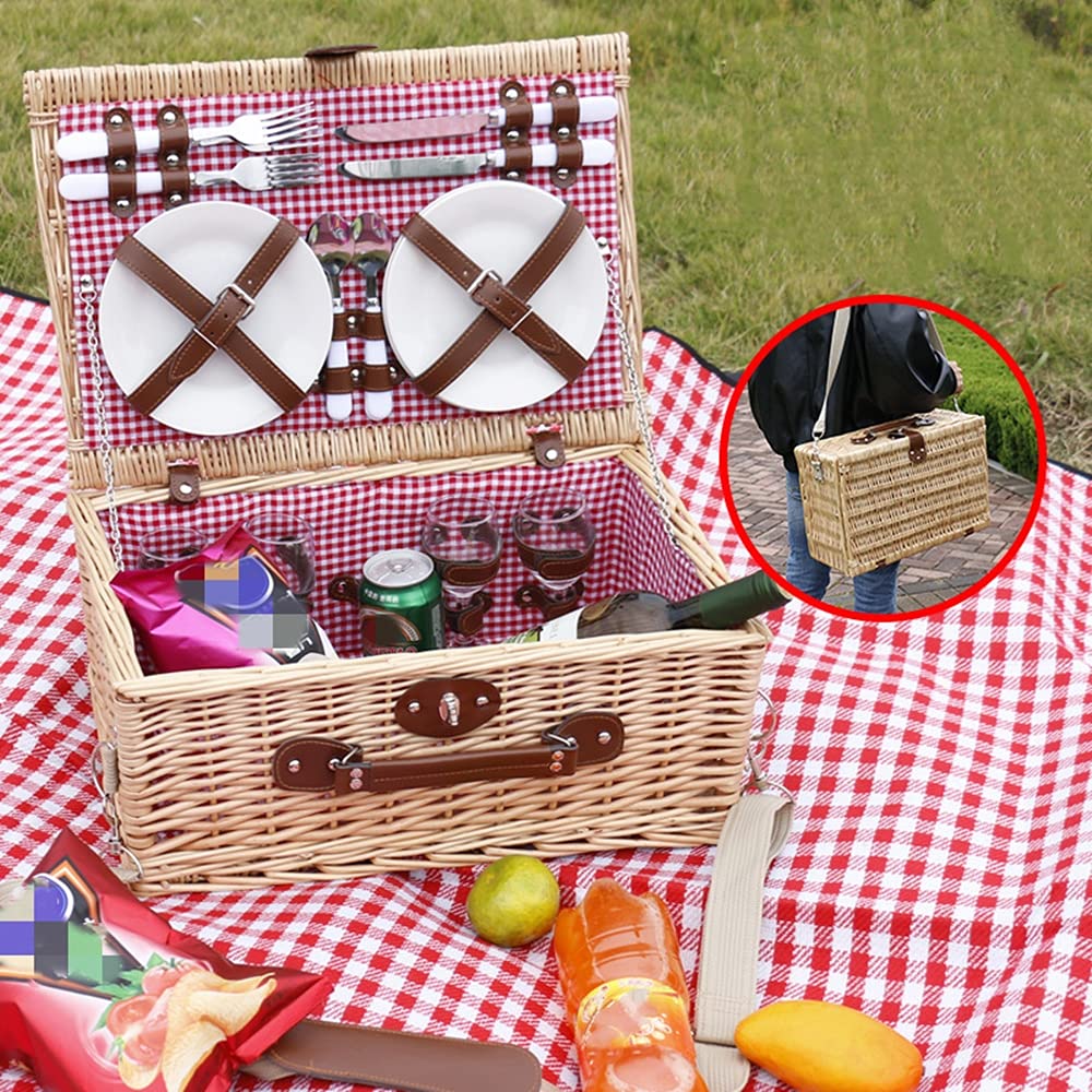 Picnic De Mimbre para 4 Personas, Cesta De Picnic, Cesta De La Compra Plegable con Tapa, Listón De Sauce Grande con Compartimento Térmico Aislado