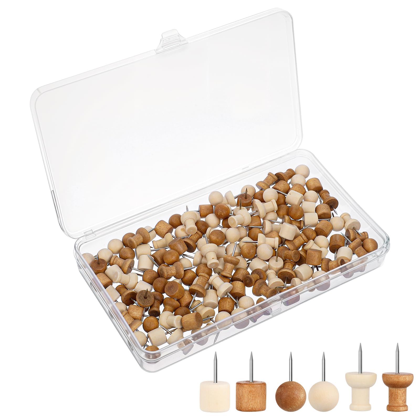 150 sztuk drewnianych szpilek, 2 cm pinezki pinboard pins drewniane pinezki pins z pudełkiem do przechowywania do tablicy korkowej biuro szkoła dom mapa świata zdjęcia artykuły biurowe