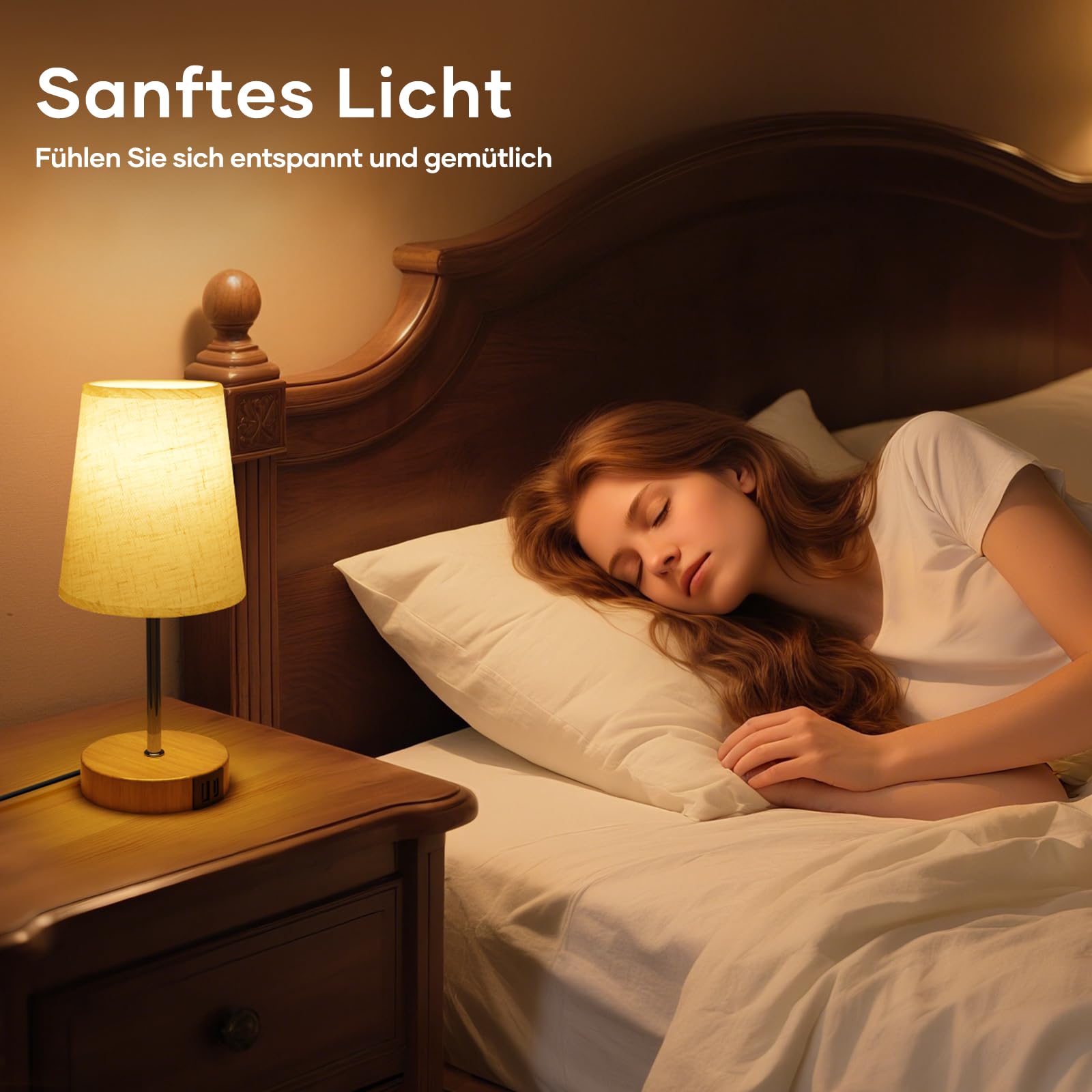 Suright Nachttischlampe Touch Dimmbar, Tischlampe mit USB A+C Ladeanschlüssen, Leinen-Lampenschirm, Holzsockel, Kleine Lampe für Nachttisch Schlafzimmer Wohnzimmer Gästezimmer (LED-Birne Inklusive)