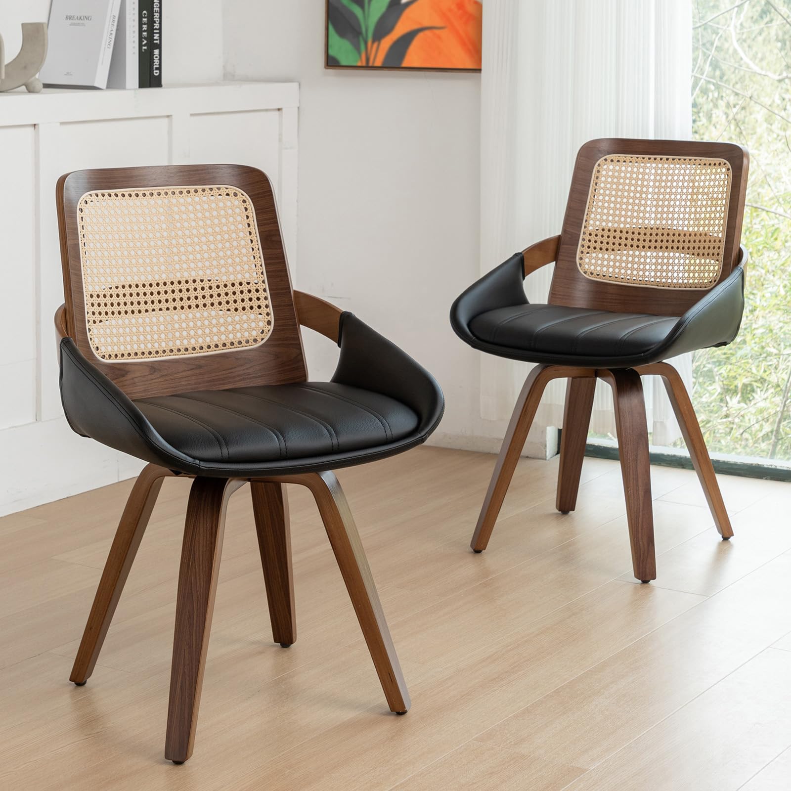 Set of 2 Kitchen & Dining Room Chairs - Swivel Dining Chairs with Cane Back, Walnut Bentwood Frame, Faux Leather Seat, Arms, Versatile for Conference/Kitchen/Restaurant/Living Room (Walnut Black) Walnut Black Set of 2