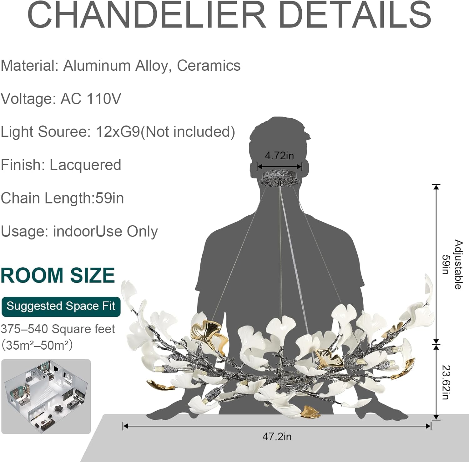 Modern Tree Branch Chandeliers for Dining Room,47" Rectangle Ceramic Ginkgo Leaf Chandelier, Dining Chandelier Over Table for Living (Bulb not Included) Black-Rectangular 47 IN