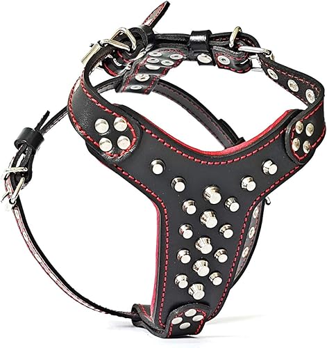 Bestia Arnés de cuero con tachuelas. Talla Bulldog Francés. 100% cuero. Hecho a mano en Europa Negro y Rojo