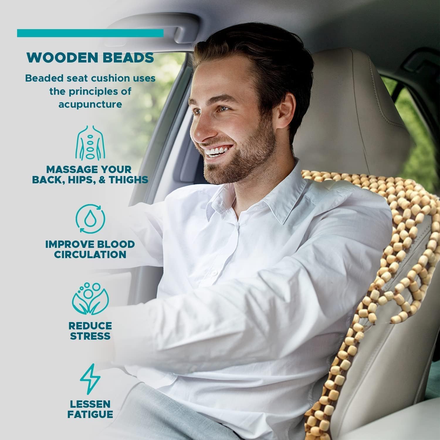 VaygWay Cuscino per sedile auto con perline in legno naturale resistente e doppio filo, cuscino di supporto massaggiante ventilato per auto, camion e sedie da ufficio