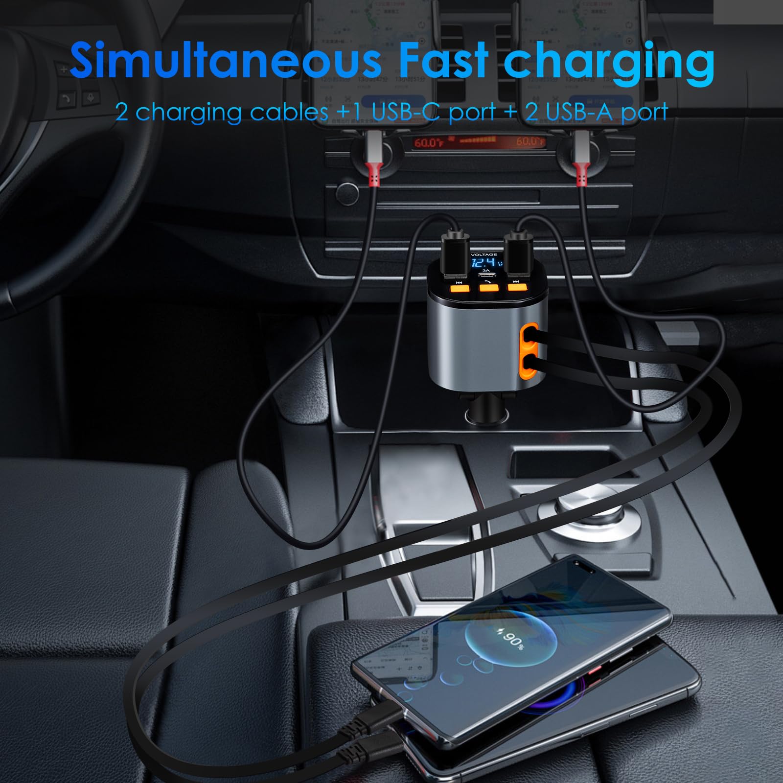 Einziehbares Autoladegerät, 5 in 1 Schnellladegerät, 90W Schnellladegerät, Bluetooth 5.3 FM Transmitter Adapter, Freisprechen, 2 einziehbare Kabel und USB-Ladegeräte für iPhone 15/14/13