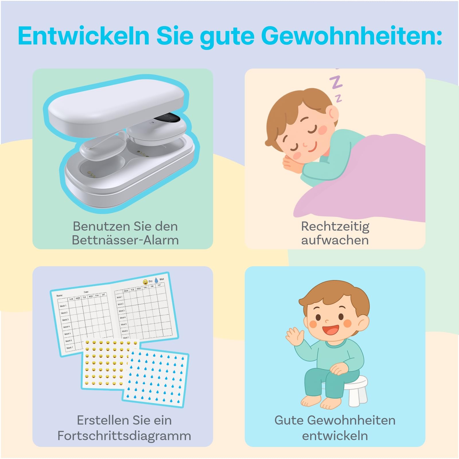 Kabelloser Bettnässer-Alarm für Jungen und Mädchen von MMOBIEL – Töpfchen-Training mit Geräuschen und Vibration – Pipi-Alarm für Kinder & Erwachsene – Bettnässensor, Pinkel Alarm - USB-wiederaufladbar