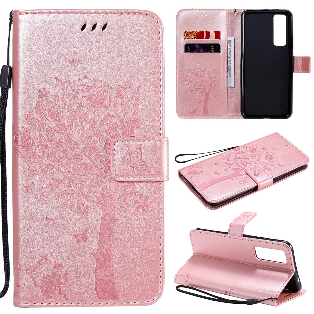Cell Phone Case for Huawei Nova 7 Tree & Cat Embossed Pattern Horizontal Flip Leather Case with Holder & Card Slots & Wallet & Lanyard Phone Cover