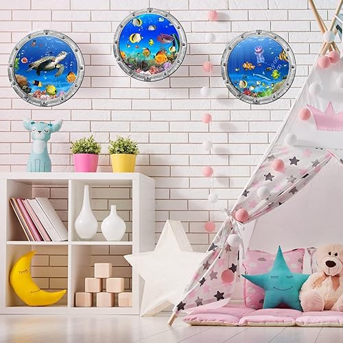 Miniatura 3 de Las calcomanías de pared del mundo oceánico bajo el mar incluyen decoración de tortugas marinas, 4 calcomanías de vinilo extraíbles para