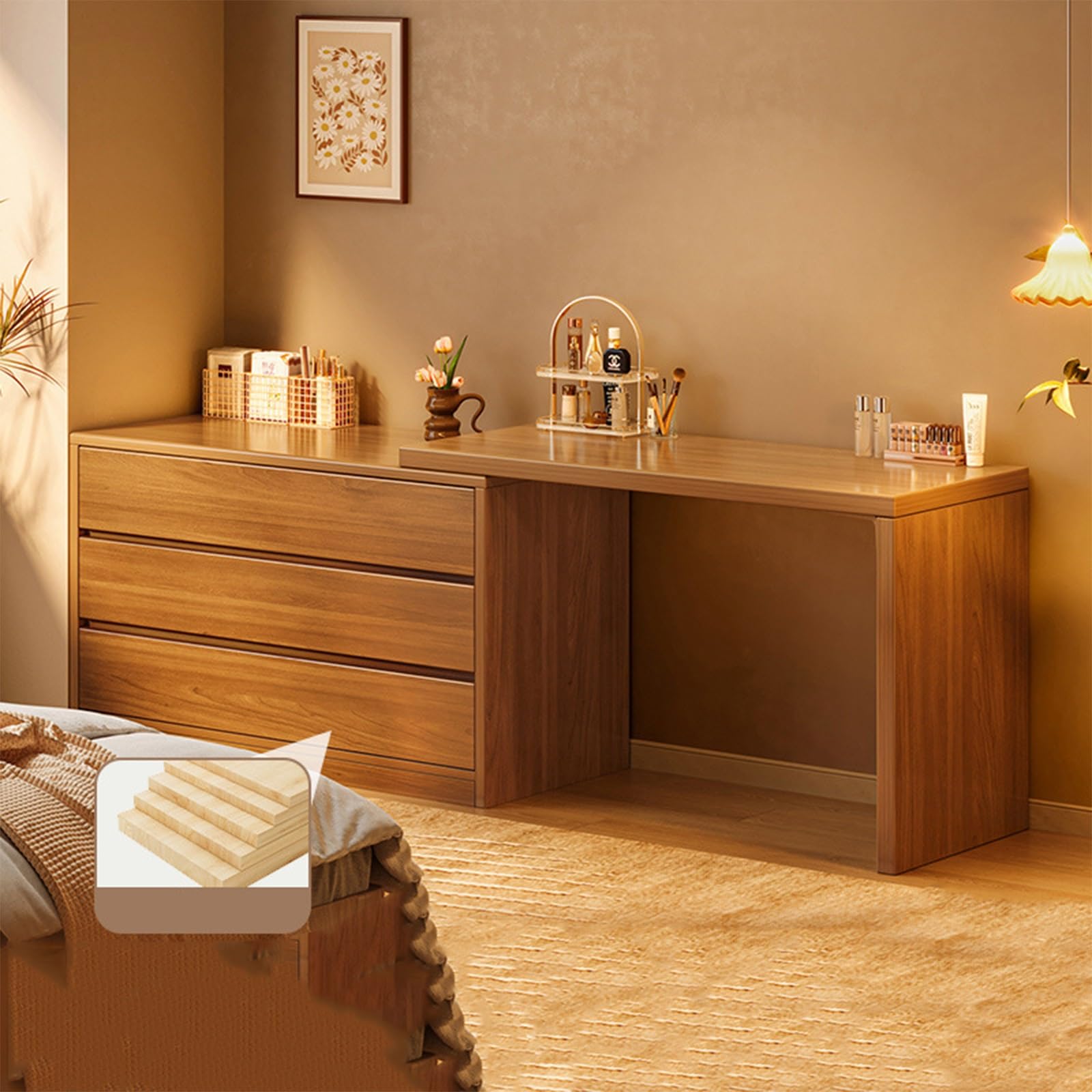 asdchZen 80Cm Walnut Vanity Table With Wooden Top Space-Saving Design Tri-Color Cloud Mirror Stylish Makeup Desk For Bedroom & Dressing Room