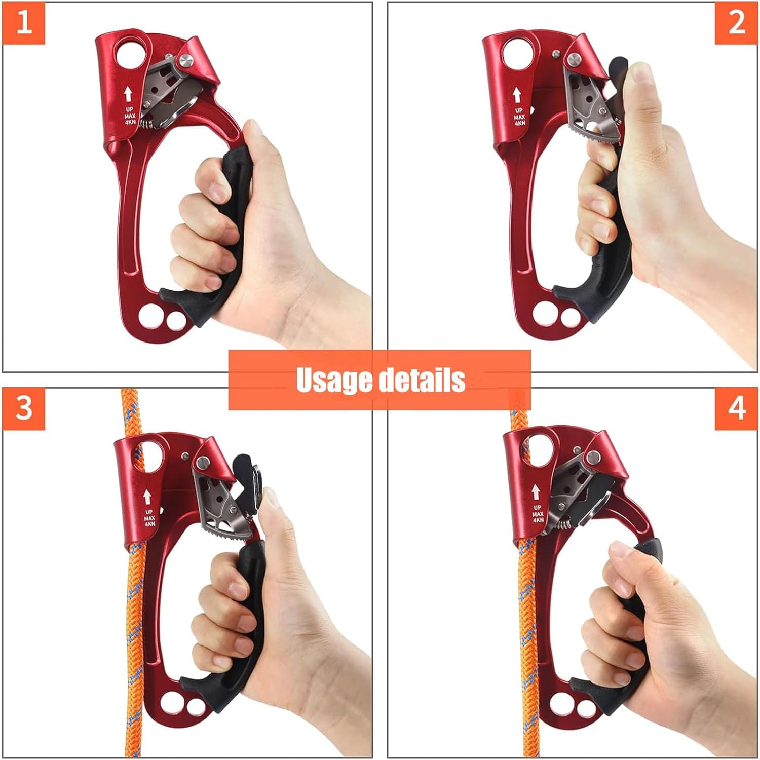 Generic Outdoor Climbing Hand Ascender,Mountaineering Right Handled Ascender, Ergonomic Handled Rope Ascender, for Climbing and Rigging(8~13 mm Rope), Red