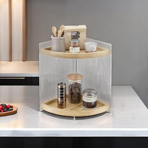 Miniatura 5 de HANGXIN Organizador de encimera de baño de 2 niveles, organizador de baño esquinero, estante de esquina con bandejas de tocador de madera,