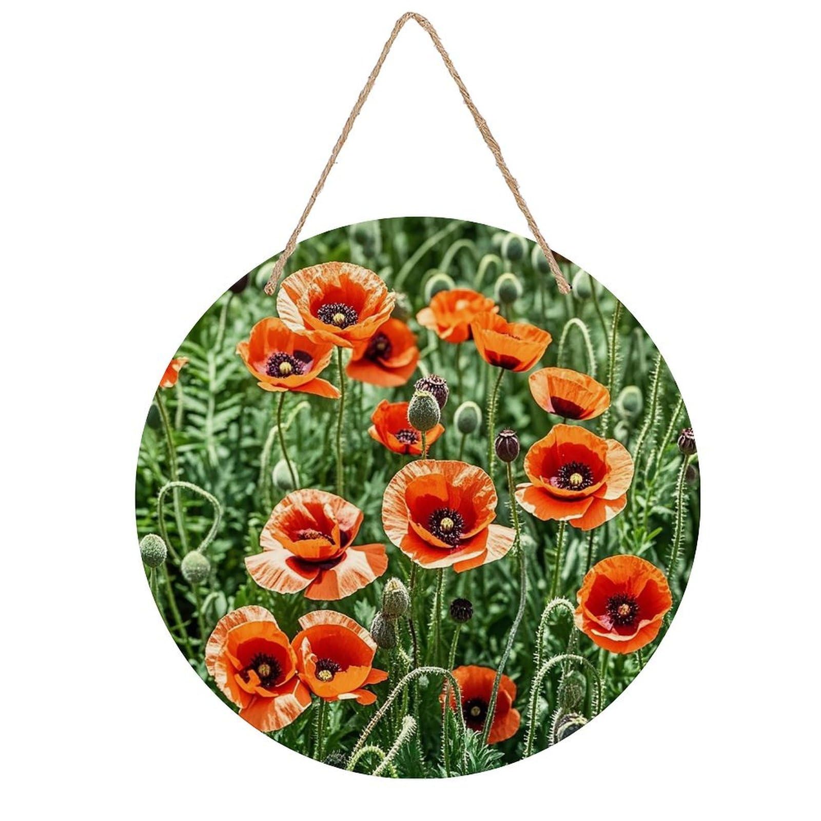 FekiLoot Round Red Poppy Flowers Leaves Wall Art Decor Painting Wooden Hanging Sign with Ropes Bohemian Wall Hanging Retro Mid Century Modern Wall Art for Home Bedroom Living Room 7.9x7.9 in
