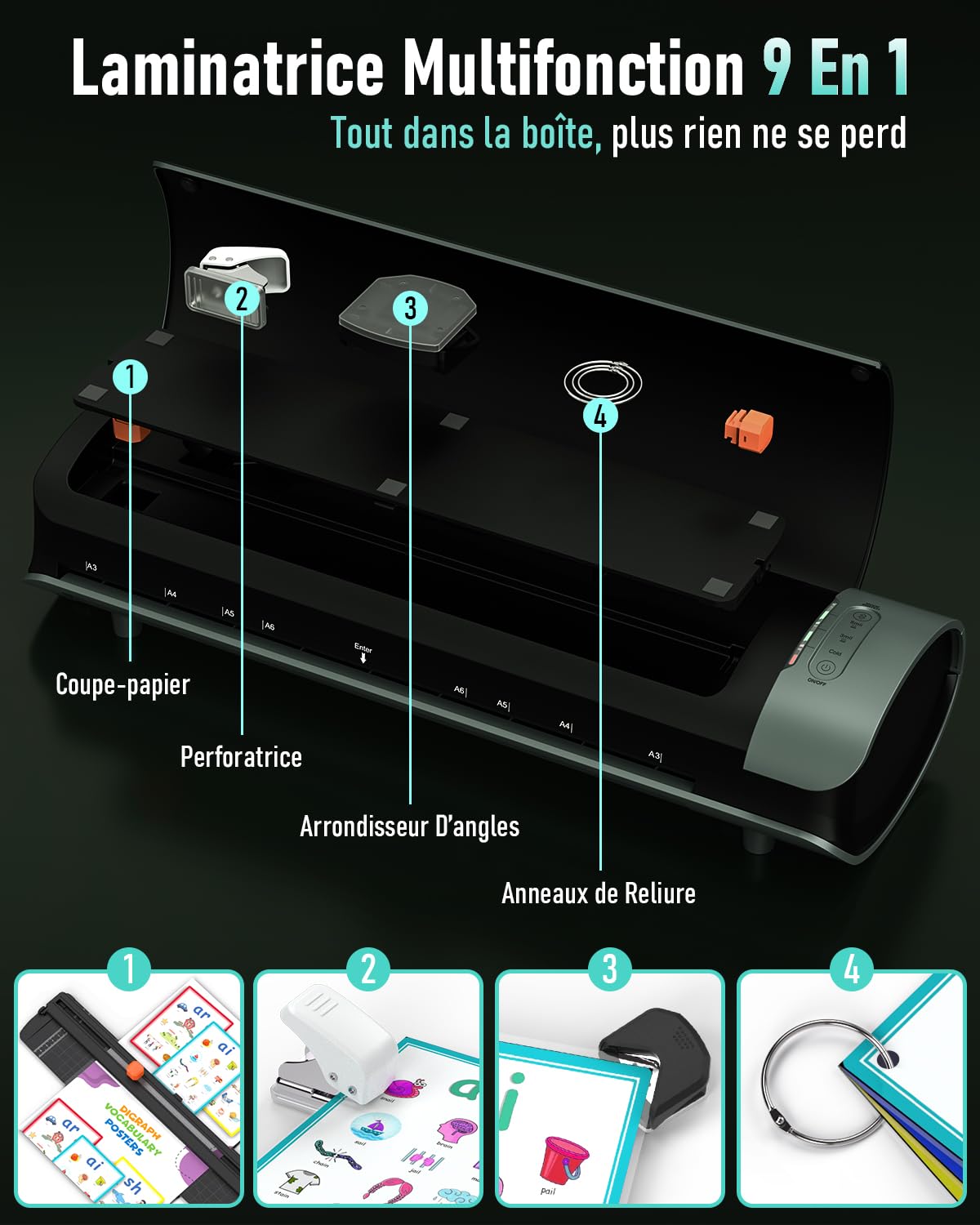 Plastifieuse A3 9 en 1 Chauffage Rapide Machine à Plastifier Thermique et Froid avec 30 Pochettes A3 A4 A5 A6 Papier Massicot Arrondisseur