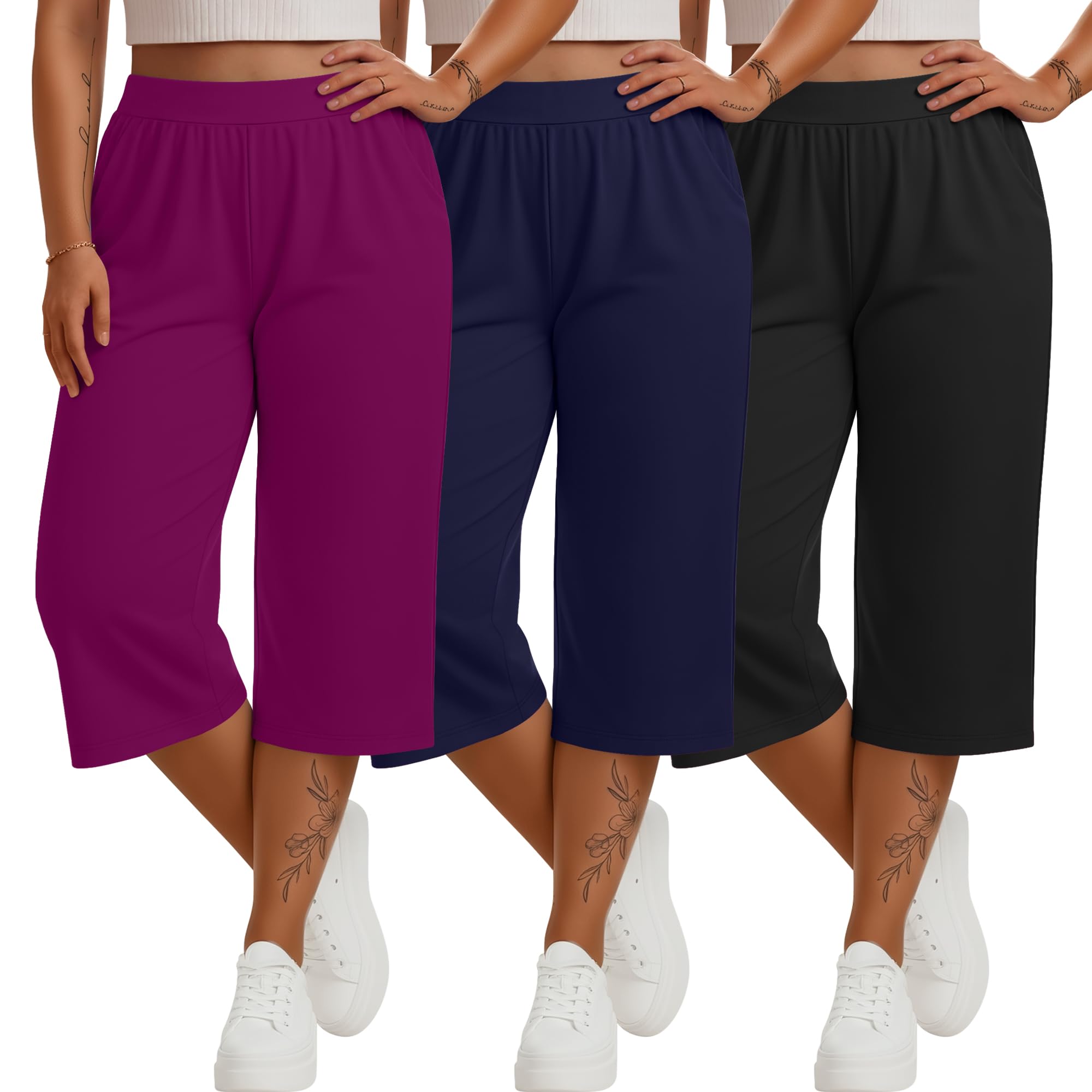 Photo 1 of Huukeay 3 Pack Women's Plus Size Capri Pants Loose Fit Wide Leg Capris Sweatpants Summer High Waisted Yoga Pants with Pockets(Black, Navy Blue, Fuchsia,4X-Large)