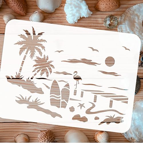 Miniatura 3 de FINGERINSPIRE Plantilla de paisaje de playa de 8.3 x 11.7 pulgadas, plantilla de plantilla de playa de océano de plástico, cocoteros, gaviotas,