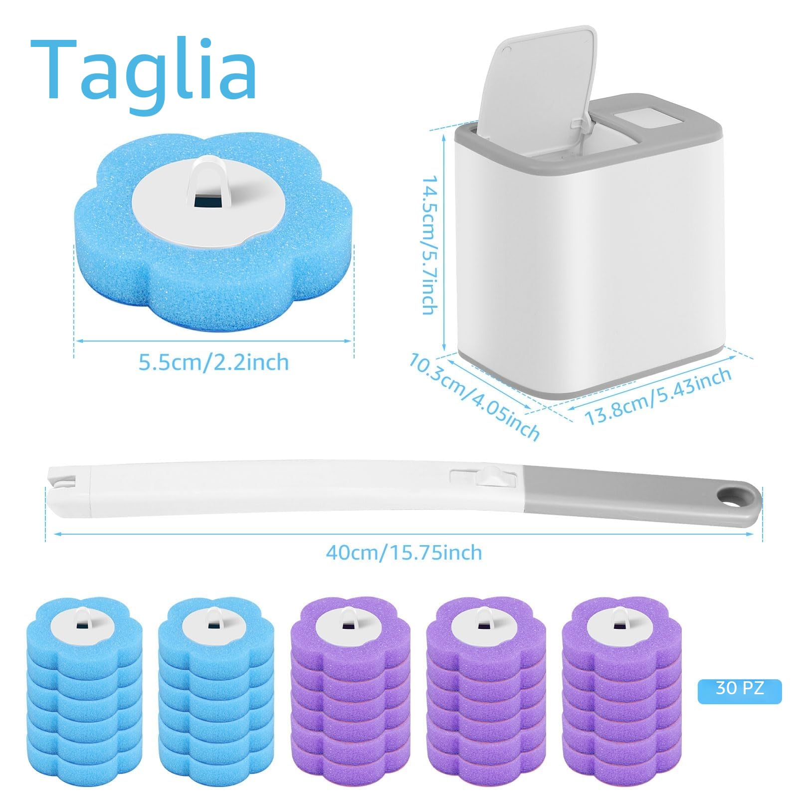 Scopino Bagno Wc usa e getta, set di scopino per WC monouso, scopino per WC con 30 pezzi di detergente di ricarica, set di scopino per WC per bagno, lavandino, vasca da bagno, pavimento (grigio)