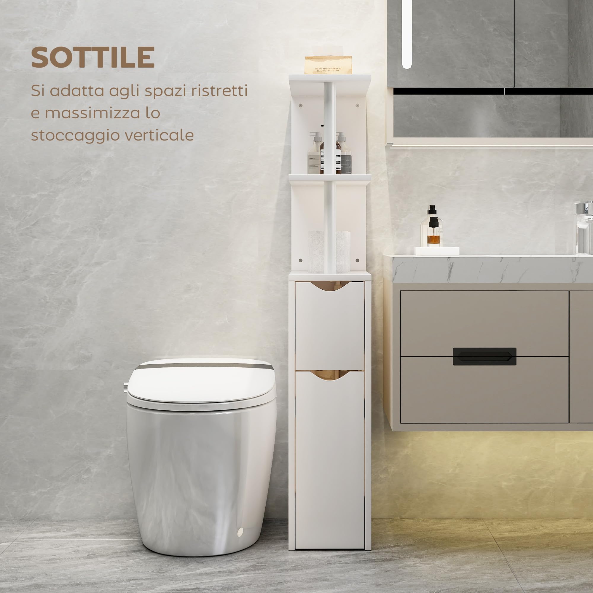 HOMCOM Mobile Bagno Slim, con Cassetti e Ripiani, 20x45x115 cm Bianco | Mobiletto Bagno Salvaspazio, con Cassetto e Rotelle, Colonna per Sala da Pranzo Soggiorno