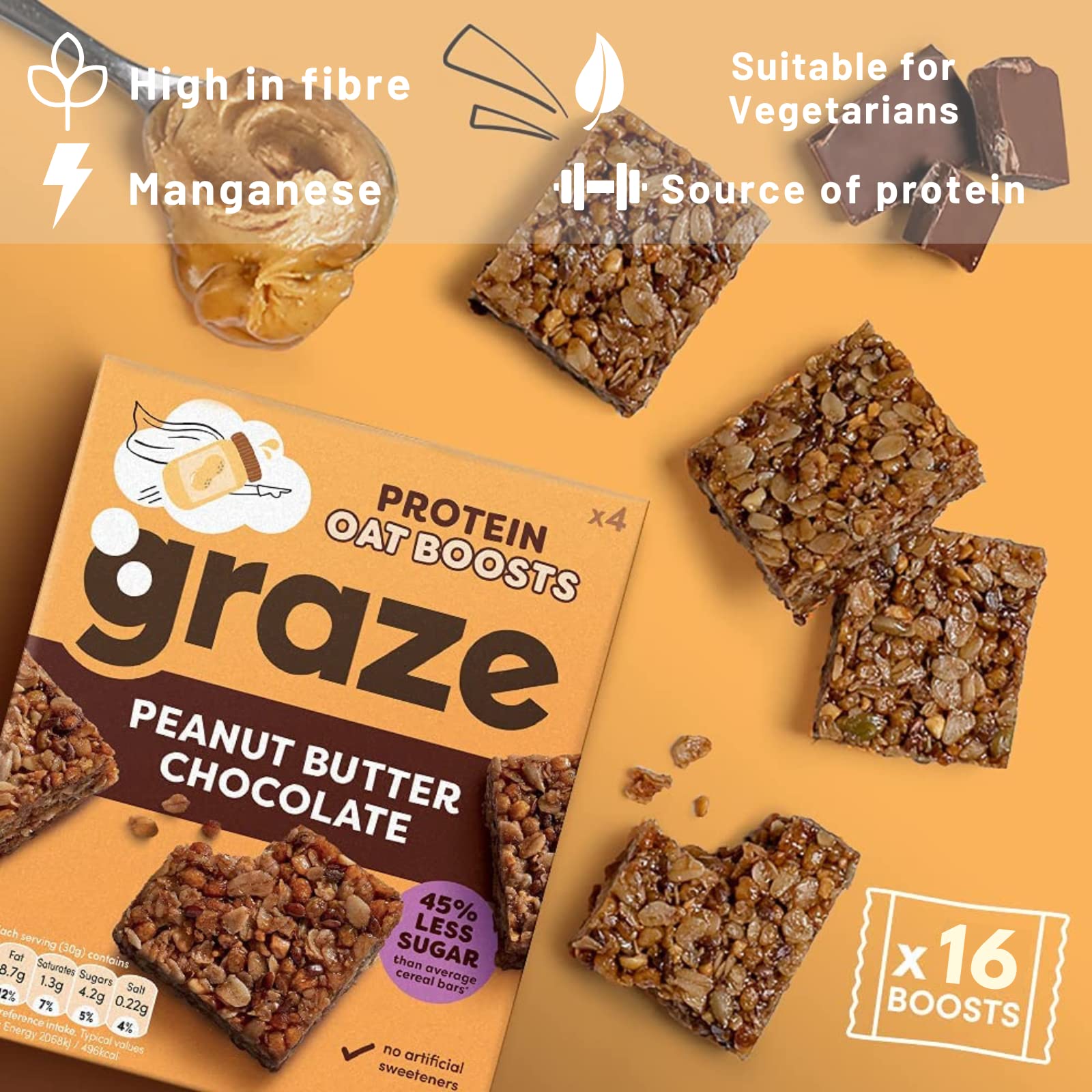 Graze Protein Barres d'avoine – Snacks sains, avoine entière, saveurs naturelles, riche en fibres, moins de sucre (16 collations – 4 paquets de 4 x 30 g)