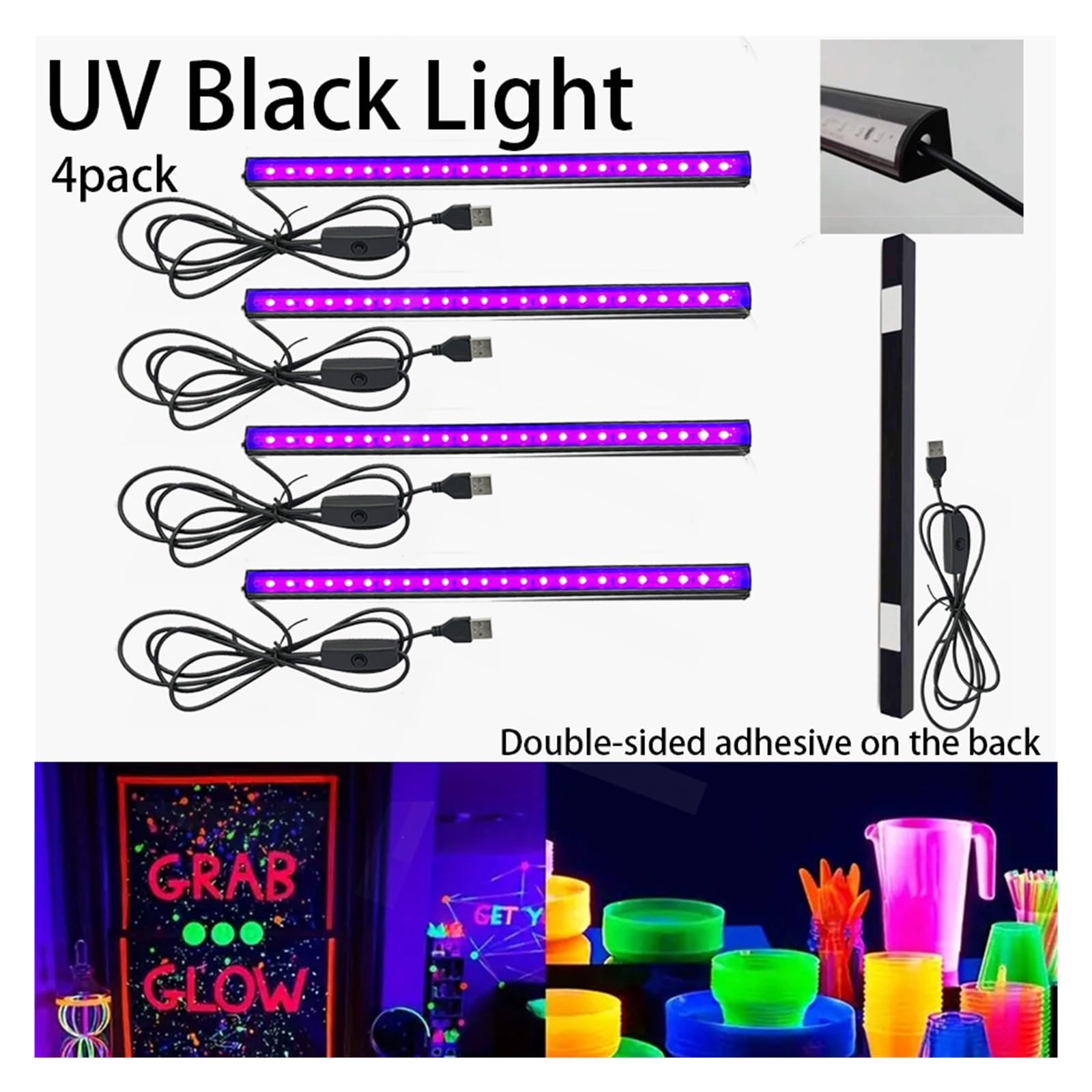 Lámpara de curado UV Lámpara de luz Negra 90 Grados, Tubo UV, lámpara LED 395 NM, Barra for Halloween, Clubes, Fiestas y Discotecas(4 pcs)