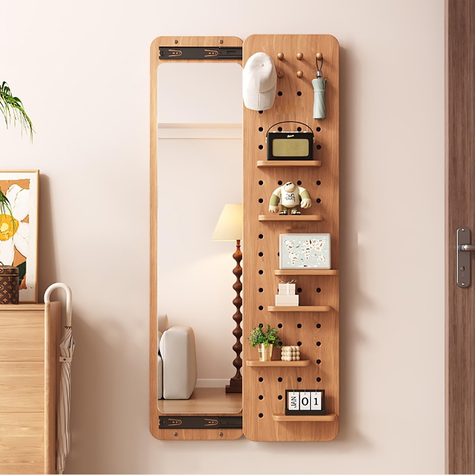 Organiseur panneau perforé 150x40 cm avec miroir pleine longueur et accessoires