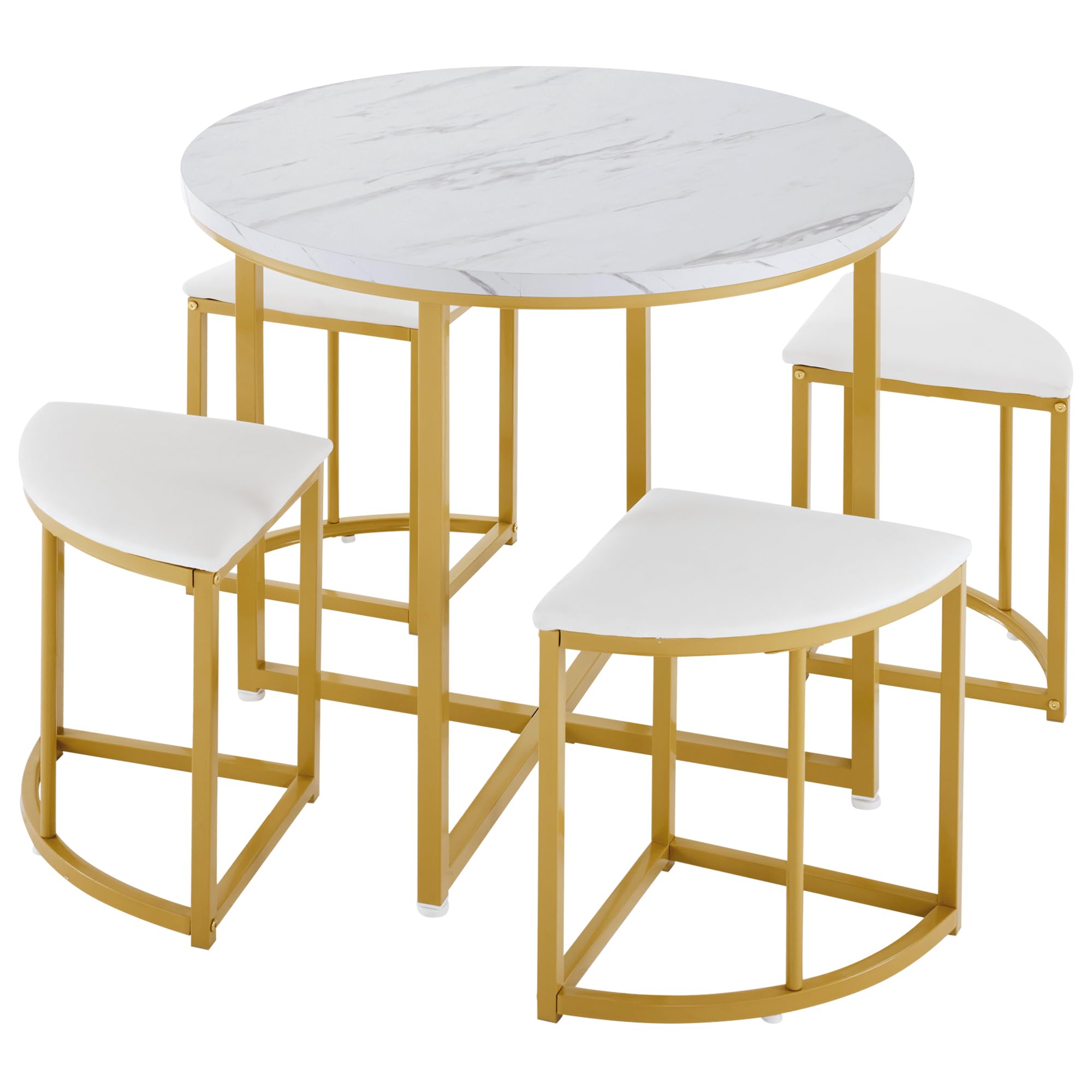 Lexiou Set tavolo da pranzo con quattro sedie, set da pranzo con piano in MDF e telaio in ferro dorato, sedia in velluto, moderni tavoli e sedie di lusso (bianco)