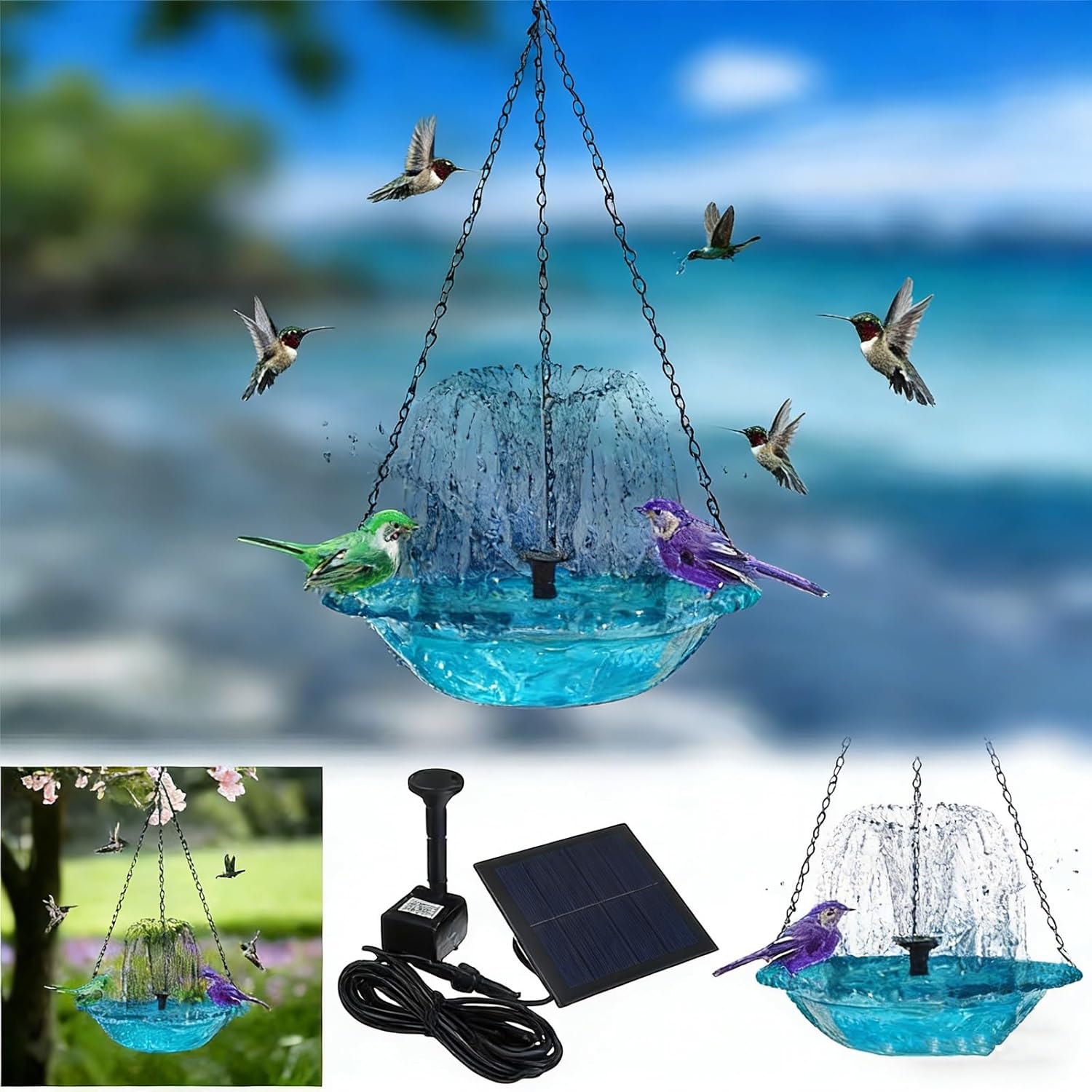 Solar Hanging Bird Bath Fountain, Bird Baths for Outdoors with Solar Pump, Decorative Water Fountain for Patio, Yard, Garden(Pink)