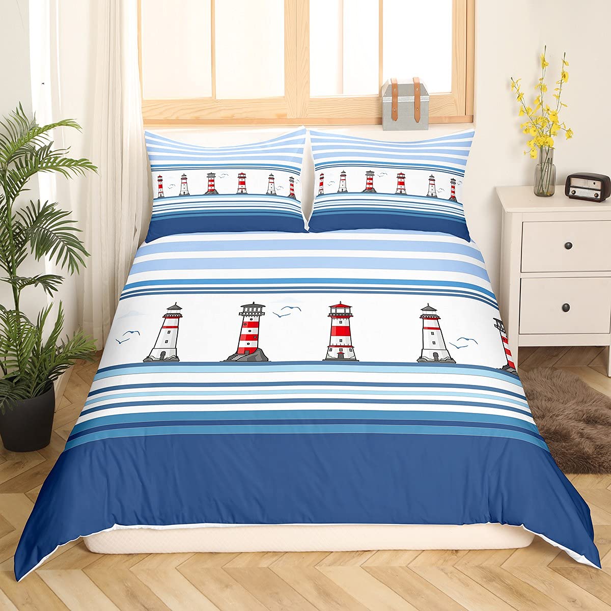 Blaue und weiße Meeresbrise Bettwäsche 155x220cm Küsten Leuchtturm Bettwäsche mit 1 Kissenbezug 80x80cm Super weich Leichte Mikrofaser Bettbezug für Mädchen Jungen Teens Jugendliche Kinder