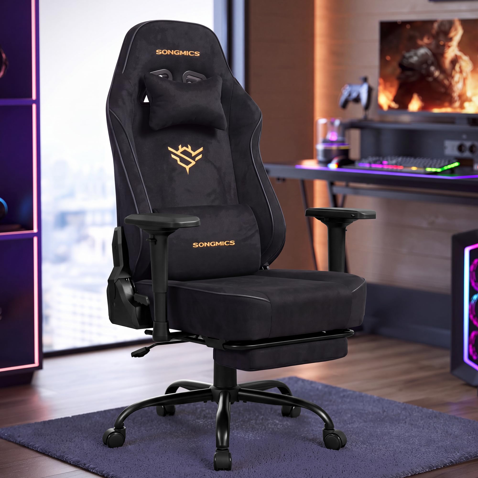 SONGMICS Gaming Chair, Suede Fabric Ergonomic Office Chair with Footrest