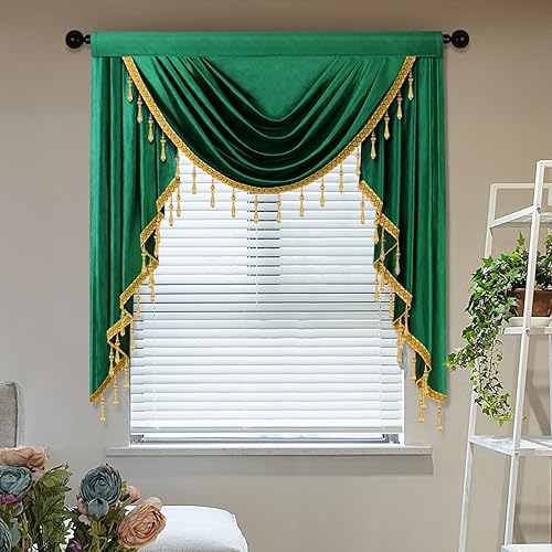 Miniatura 8 de ELKCA Cenefas de cortina de terciopelo verde oscuro de lujo para sala de estar con cuentas (39 pulgadas, 1 panel)