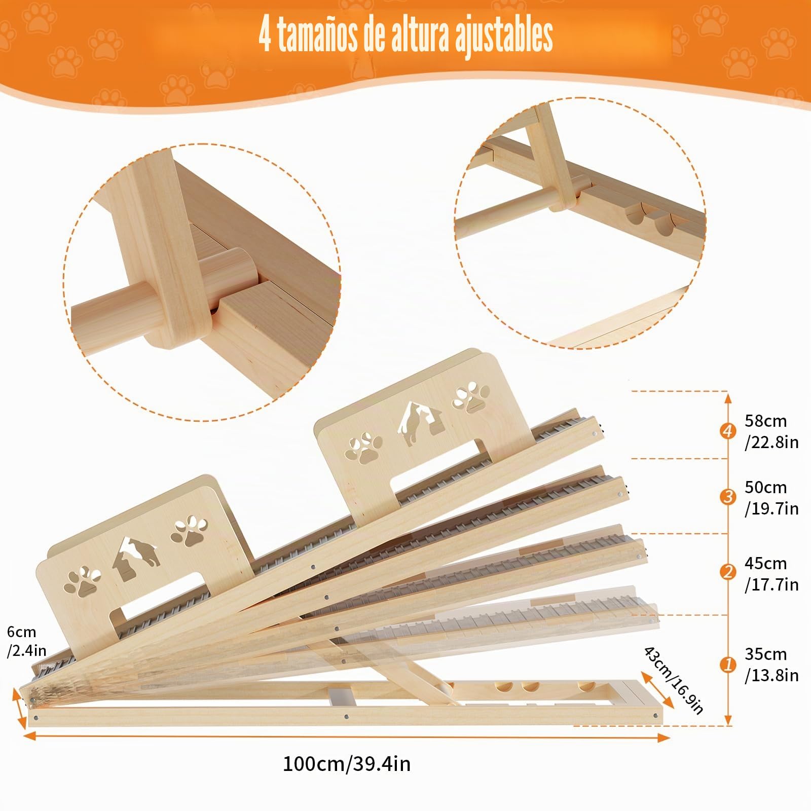 Rampa para perros, cama de 100 cm de largo con barandilla de seguridad, altura ajustable, escalera portátil para perros de madera con rampa antideslizante para cama, sofá, coche, viajes, pequeños
