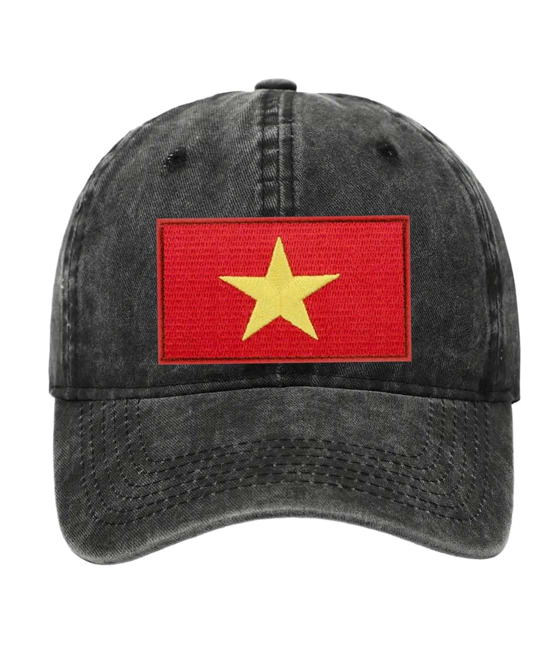 Petite Pine Vietnam Baseball Cap with Washed Cotton Fabric,Hat with Embroidered Vietnamese Patch,Sun Hat,Adjustable Baseball Cap for Unisex Men Women Teens Washed Baseball Cap Vietnam(Black)