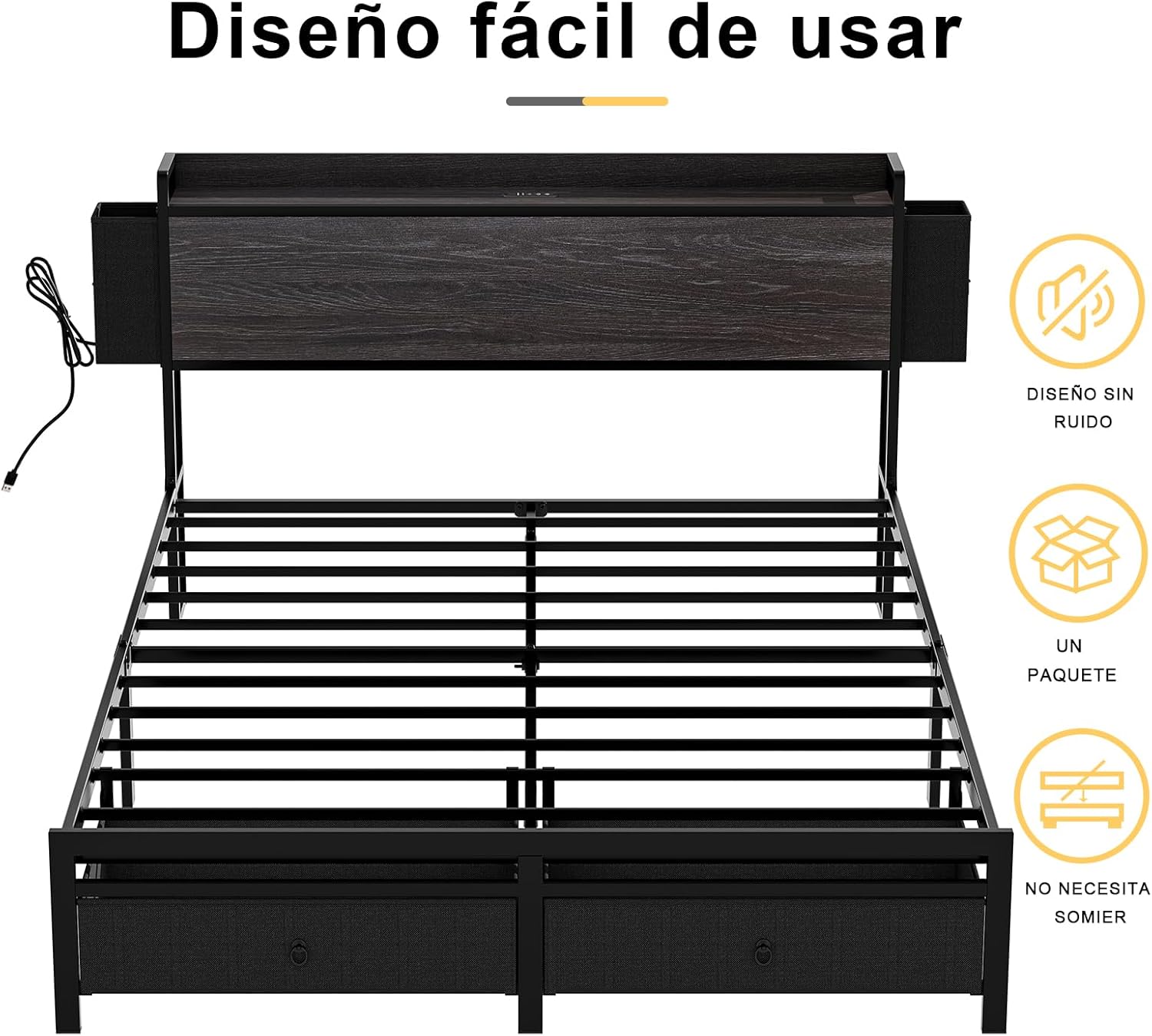 Illustration highlighting the easy-to-use design of the bed base, emphasizing noiseless operation, single package delivery, and no box spring requirement.