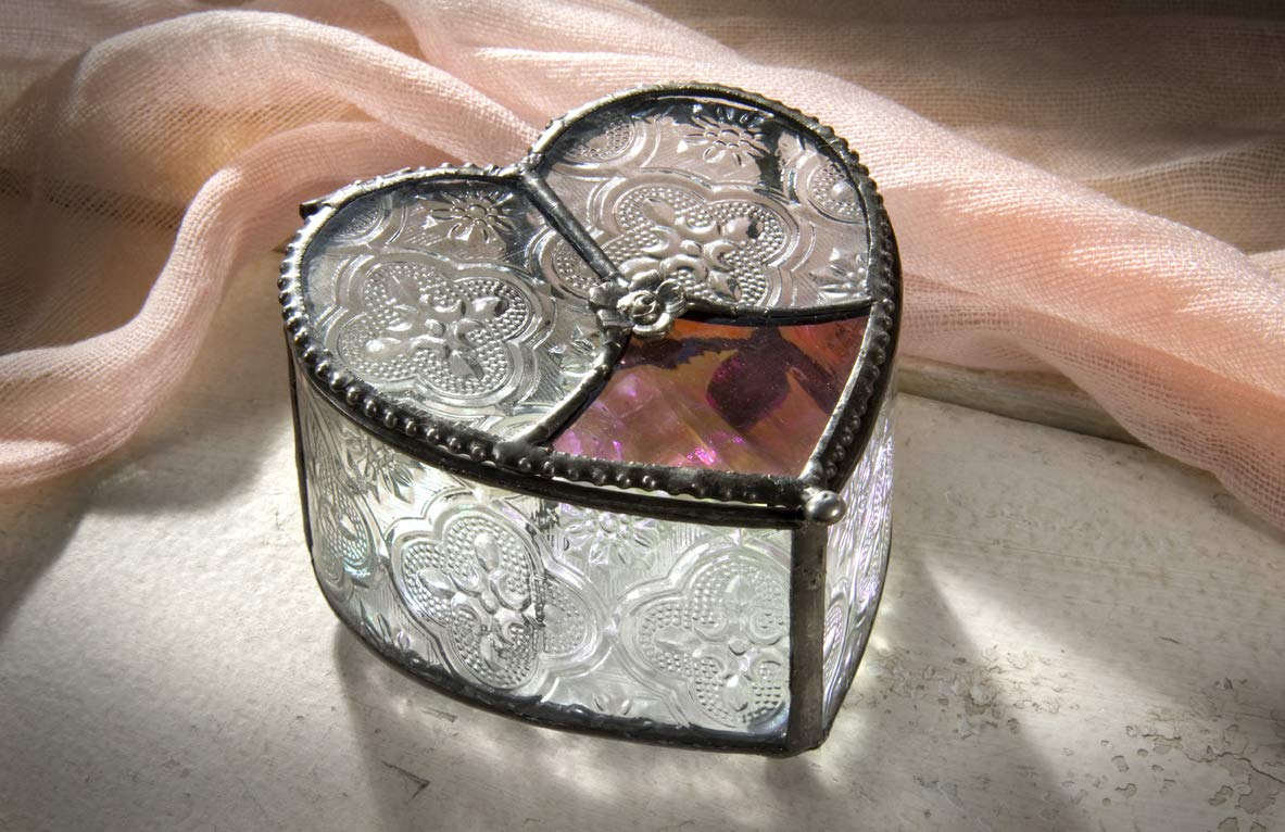 Glass Heart Keepsake Box with Pink Rose Decorative Jewelry Trinket Display Valentine's Day Mother's Day Gift - J Devlin Box 520