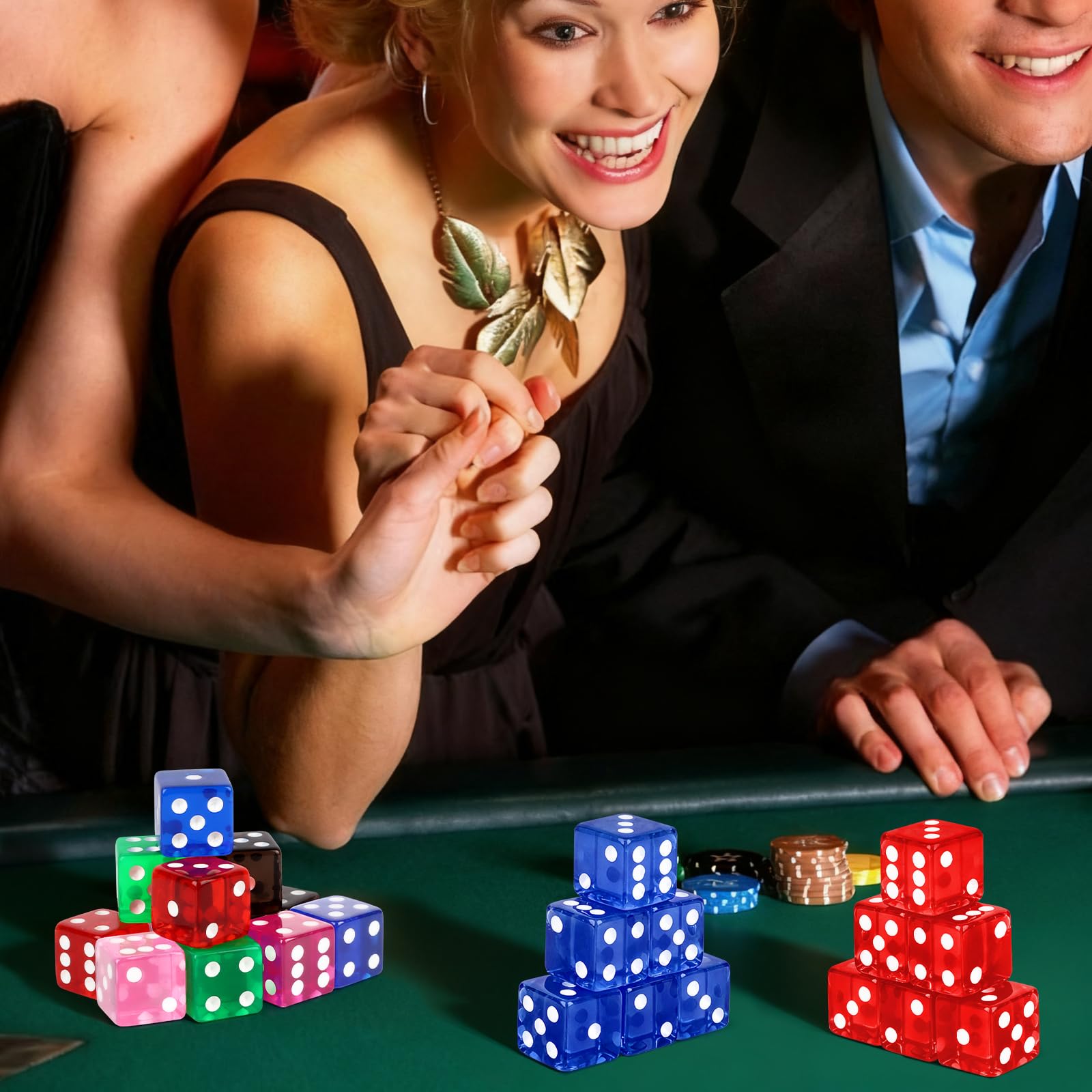 Hooqict Juego de 100 dados de casino estándar de 16 mm, dados de acrílico de 6 caras de colores para juegos de mesa (azul, verde, amarillo)
