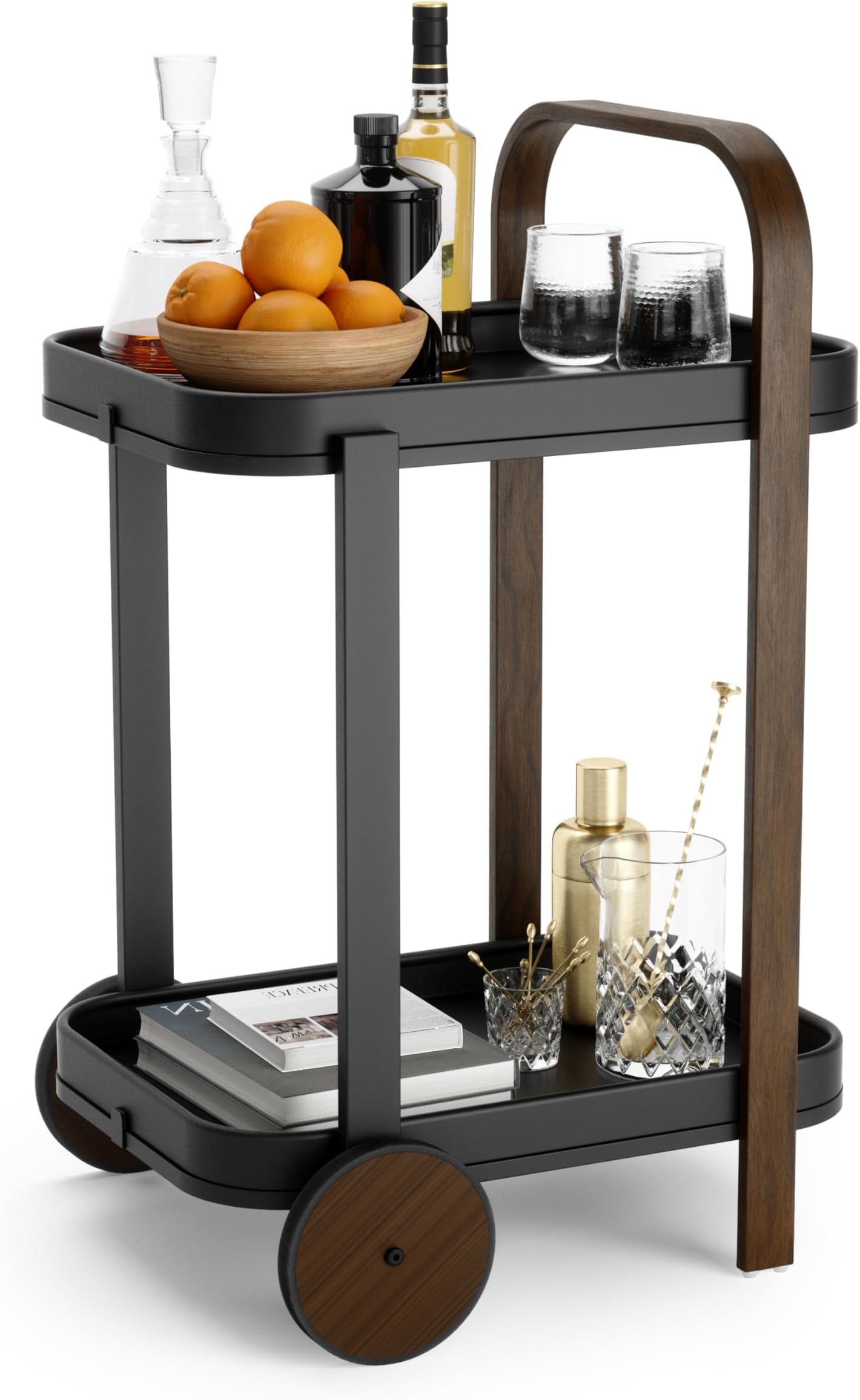 Umbra Bellwood Bar and Serving Cart, Modern 2 Tier Mobile Cart on Wheels with Removable Trays, Black/Walnut
