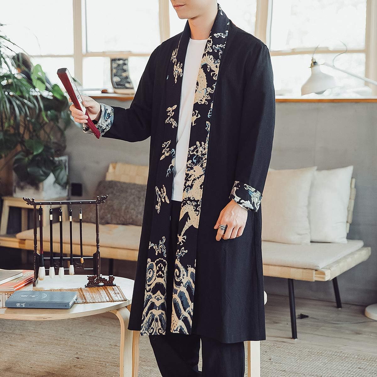 Seidarise Men's Long Kimono Cardigan Robe Japanese Style Flying Crane Seven Sleeves Open Front Coat