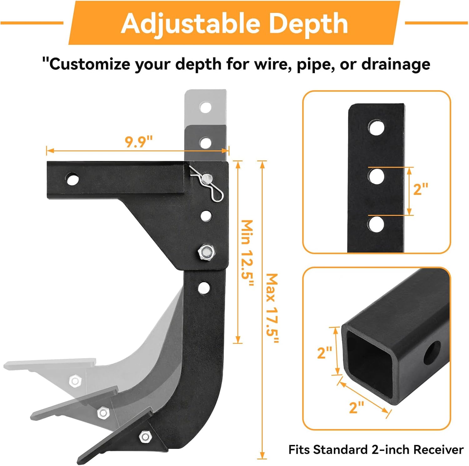 Hitch Mounted Ripper Trencher for ATV UTV Tractor, 3 Point Subsoiler Plow fits 2" Receiver, Reinforced Middle Buster with Replaceable Teeth for Garden Trenching and Digging