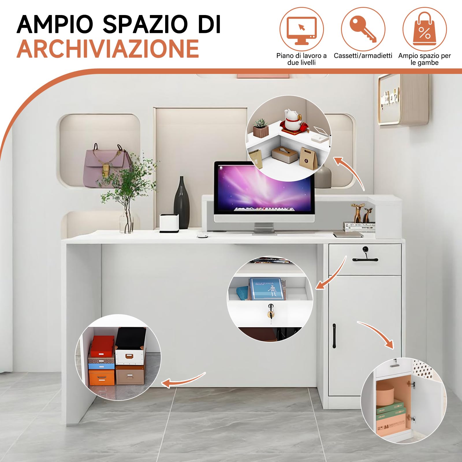 Bancone Reception con Cassetto e Ripiani Aperti, 100–240 cm Banco Reception Moderno per Uffici, adatto per Saloni, Hall e Negozi al Dettaglio