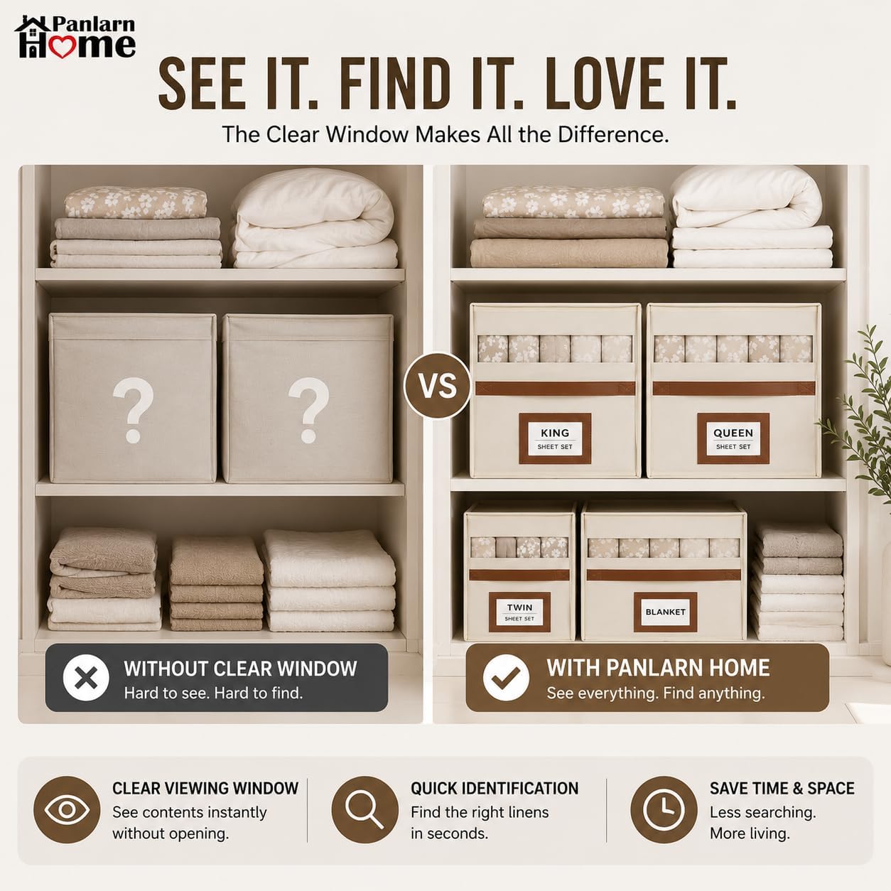 Bed Sheet Organizer Set of 2, 32L Sheet Storage Organizer with Clear Window & Zipper, Linen Closet Organizer for Bedding Sets, Foldable Linen Storage Box, Beige
